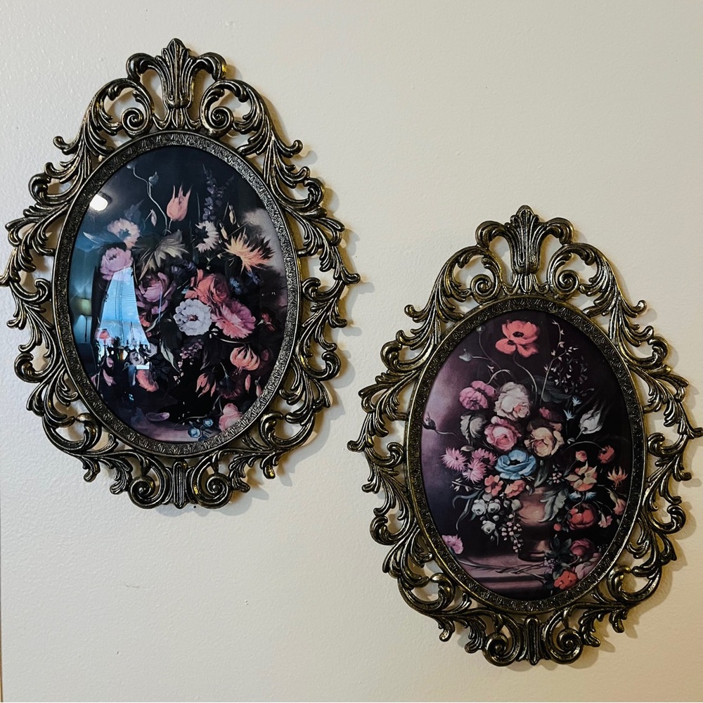 2 MCM PICTURES ITALIAN VTG Victorian Gold Metal Ornament Frames - CONCAVE GLASS